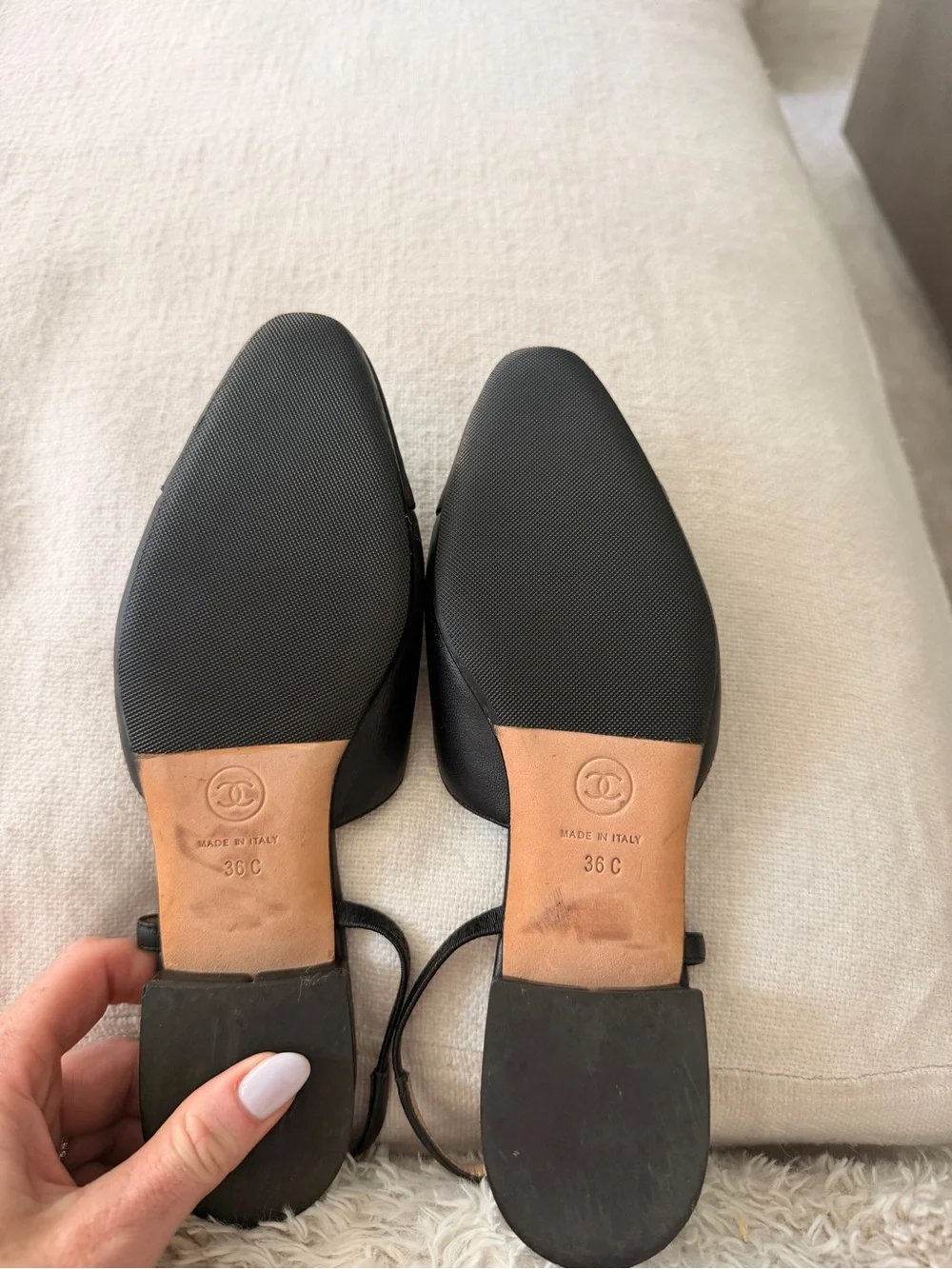 CHANEL Black Goatskin & Grosgrain Slingback Flats
